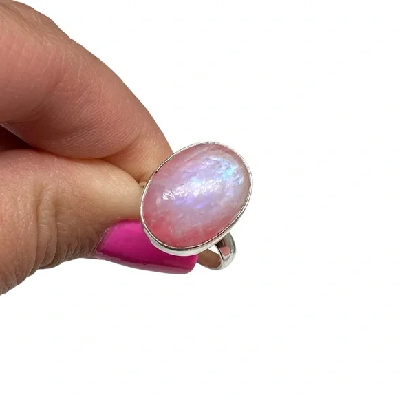 Pink Flash Rainbow Moonstone Ring Size 7 Solid 925 Sterling Silver
